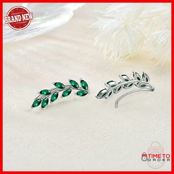 May Birthstone: Emerald Green – Silver Rain Silver 925 Sterling Silver Ear Climber Earrings with Emerald Zircon May Birthstone